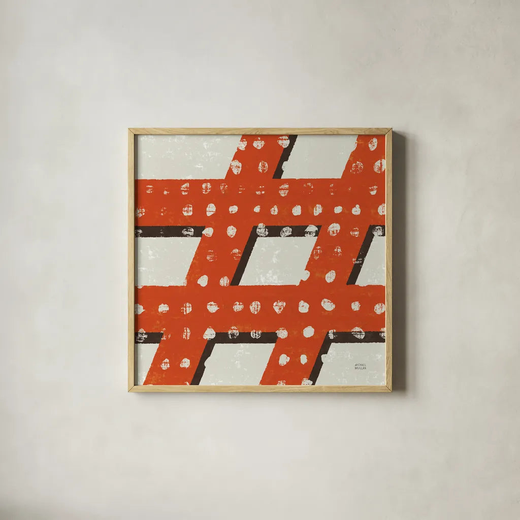 Punctuated Square IV Retro by Michael Mullan. Shown in a natural wood glass frame for a timeless modern aesthetic. Available as an archival giclee rolled canvas, fine art paper, or poster print. SKU 9035a.
