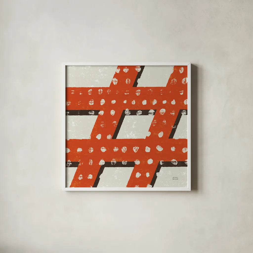 Punctuated Square IV Retro by Michael Mullan. Shown in a crisp white glass frame for a clean and minimalist style. Available as an archival giclee rolled canvas, fine art paper, or poster print. SKU 9035a.