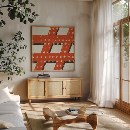 Punctuated Square IV Retro by Michael Mullan. Shown in a natural wood frame in a cozy modern living room. Available as an archival giclee rolled canvas, fine art paper, or poster print. SKU 9035a.
