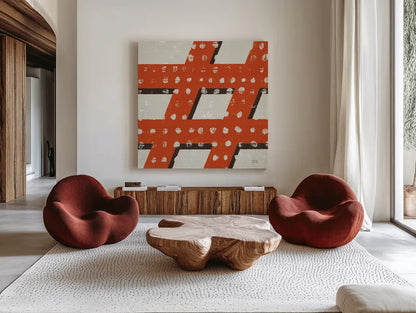 Punctuated Square IV Retro by Michael Mullan. Shown as extra-large giant wall art in a modern living room. Available as an archival giclee rolled canvas, fine art paper, or poster print. SKU 9035a.
