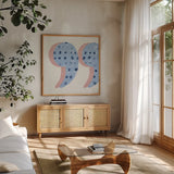 Punctuated Square V Bright by Michael Mullan. Shown in a natural wood frame in a cozy modern living room. Available as an archival giclee rolled canvas, fine art paper, or poster print. SKU 56575a.
