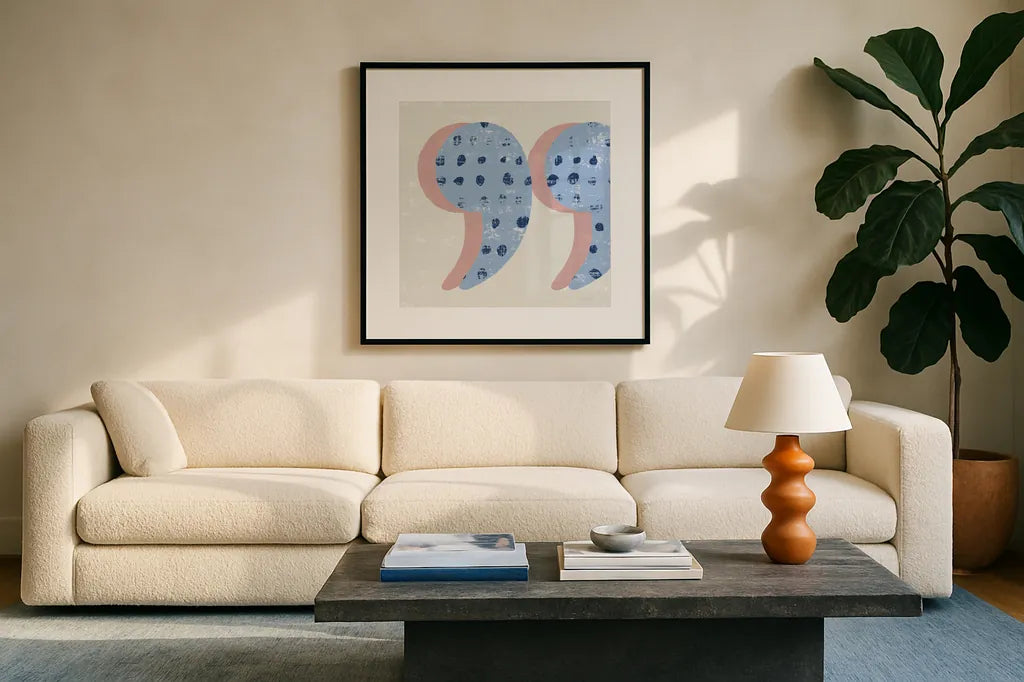 Punctuated Square V Bright by Michael Mullan. Displayed in a glass frame with matte in a clean modern living room. Available as an archival giclee rolled canvas, fine art paper, or poster print. SKU 56575a.