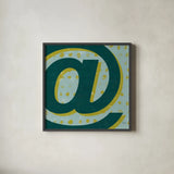 Punctuated Square V Retro by Michael Mullan. Shown in a sleek black glass frame for a contemporary gallery look. Available as an archival giclee rolled canvas, fine art paper, or poster print. SKU 50661a.
