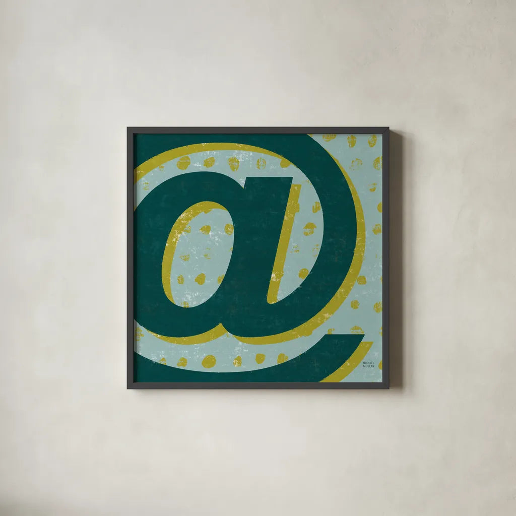 Punctuated Square V Retro by Michael Mullan. Shown in a sleek black glass frame for a contemporary gallery look. Available as an archival giclee rolled canvas, fine art paper, or poster print. SKU 50661a.