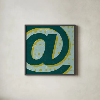 Punctuated Square V Retro by Michael Mullan. Shown in a sleek black glass frame for a contemporary gallery look. Available as an archival giclee rolled canvas, fine art paper, or poster print. SKU 50661a.