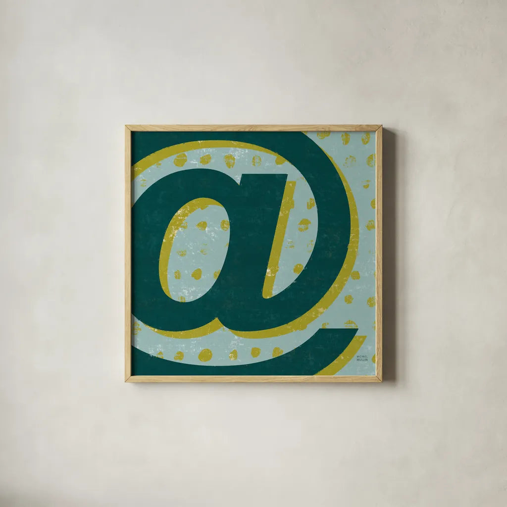 Punctuated Square V Retro by Michael Mullan. Shown in a natural wood glass frame for a timeless modern aesthetic. Available as an archival giclee rolled canvas, fine art paper, or poster print. SKU 50661a.