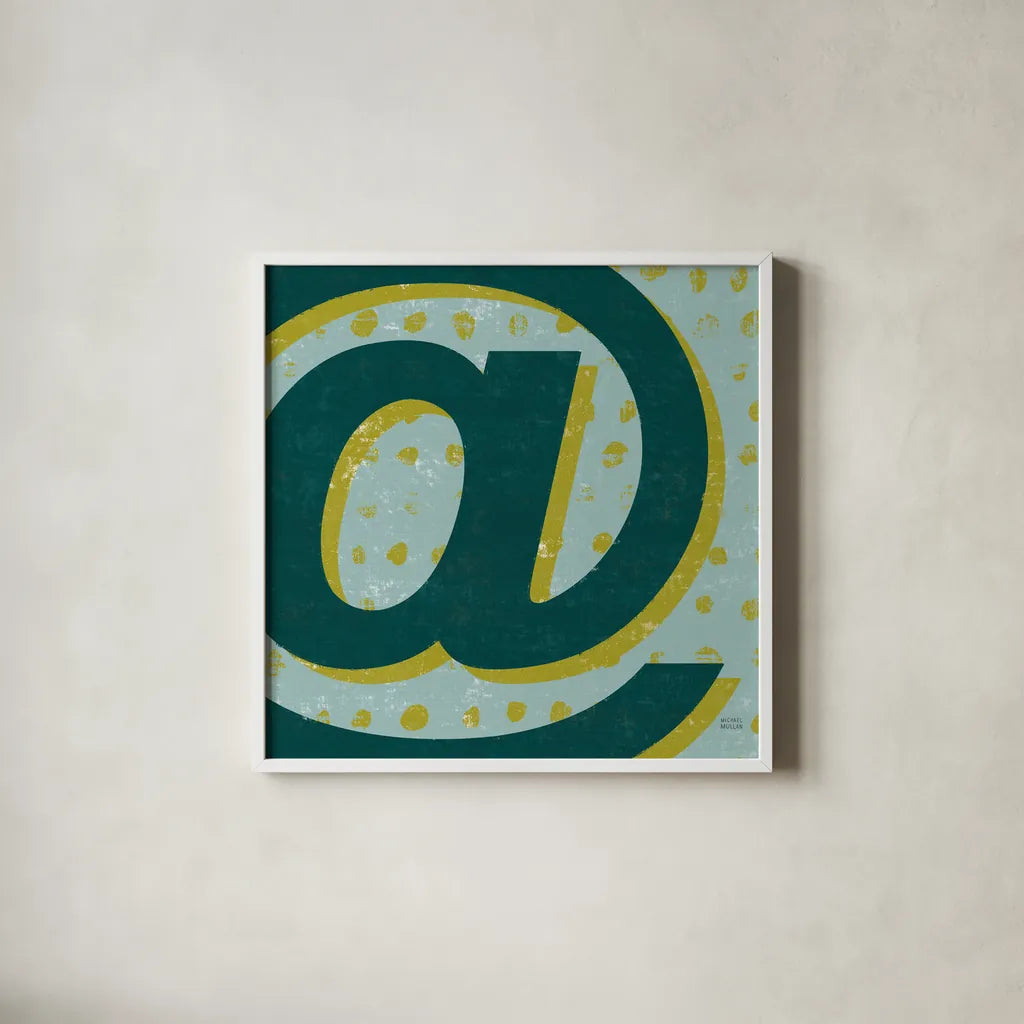 Punctuated Square V Retro by Michael Mullan. Shown in a crisp white glass frame for a clean and minimalist style. Available as an archival giclee rolled canvas, fine art paper, or poster print. SKU 50661a.