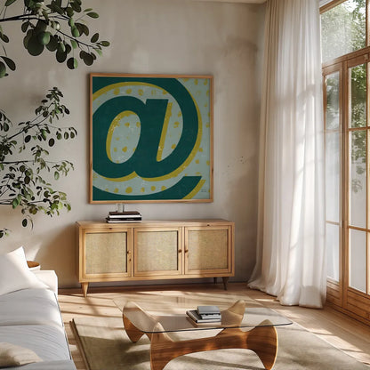 Punctuated Square V Retro by Michael Mullan. Shown in a natural wood frame in a cozy modern living room. Available as an archival giclee rolled canvas, fine art paper, or poster print. SKU 50661a.