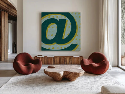 Punctuated Square V Retro by Michael Mullan. Shown as extra-large giant wall art in a modern living room. Available as an archival giclee rolled canvas, fine art paper, or poster print. SKU 50661a.