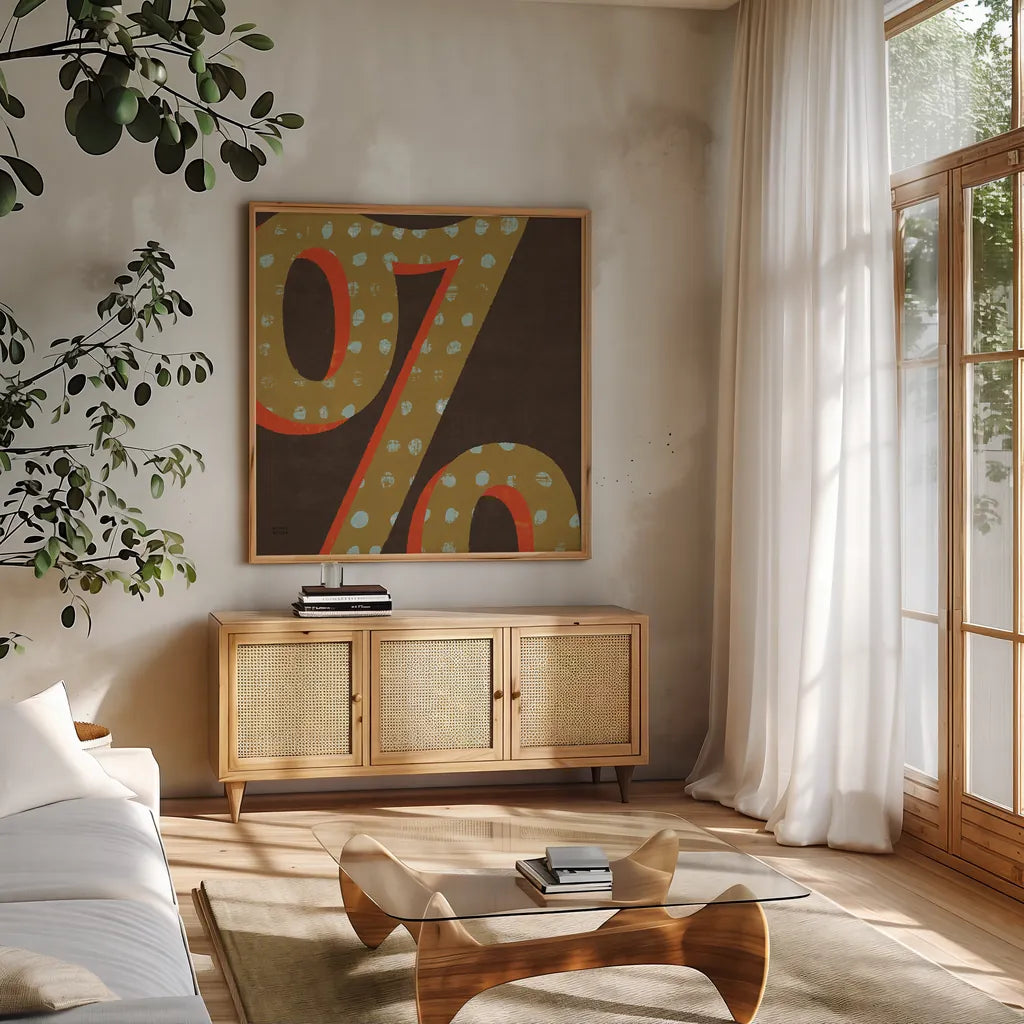 Punctuated Square VI - Retro by Michael Mullan. Shown in a natural wood frame in a cozy modern living room. Available as an archival giclee rolled canvas, fine art paper, or poster print. SKU 9037a.