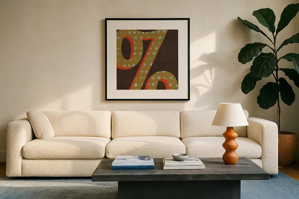 Punctuated Square VI - Retro by Michael Mullan. Displayed in a glass frame with matte in a clean modern living room. Available as an archival giclee rolled canvas, fine art paper, or poster print. SKU 9037a.