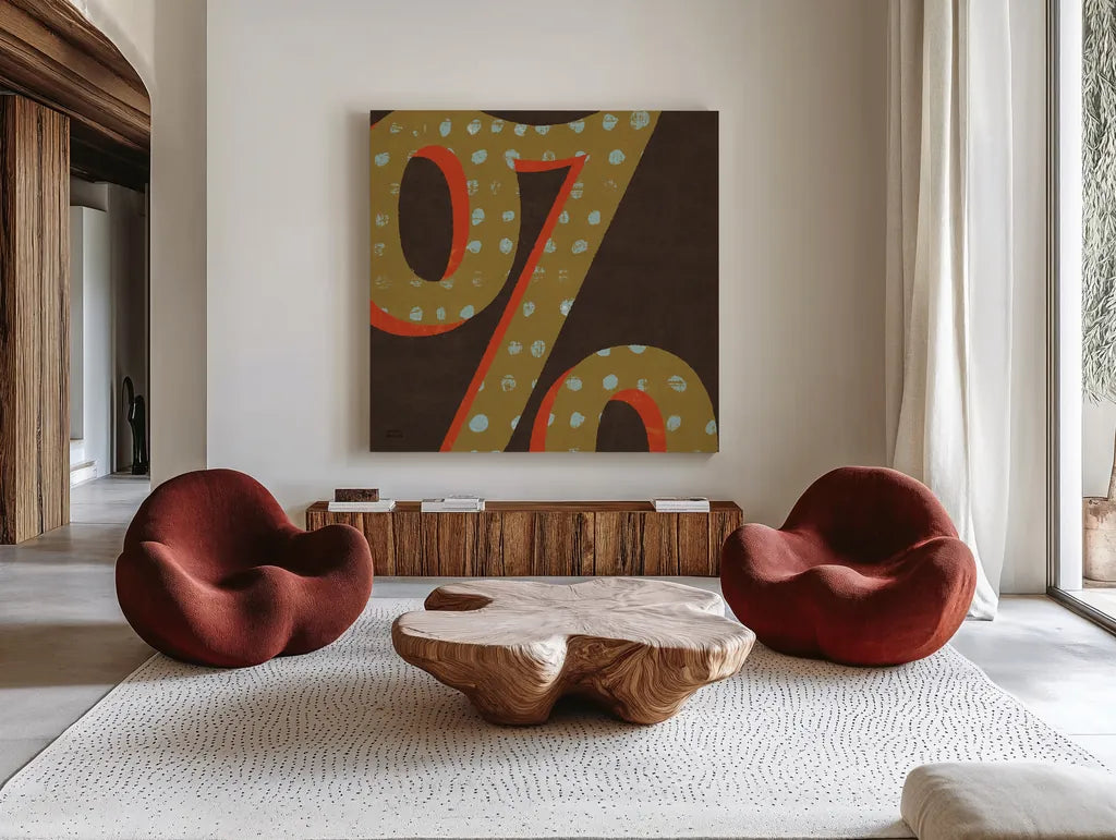 Punctuated Square VI - Retro by Michael Mullan. Shown as extra-large giant wall art in a modern living room. Available as an archival giclee rolled canvas, fine art paper, or poster print. SKU 9037a.