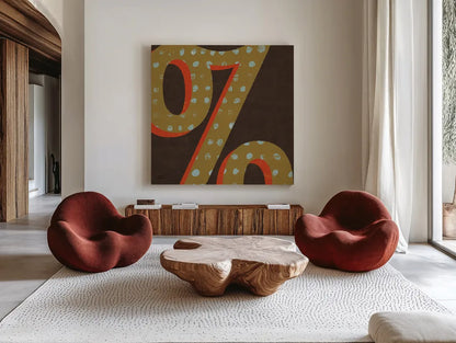 Punctuated Square VI - Retro by Michael Mullan. Shown as extra-large giant wall art in a modern living room. Available as an archival giclee rolled canvas, fine art paper, or poster print. SKU 9037a.