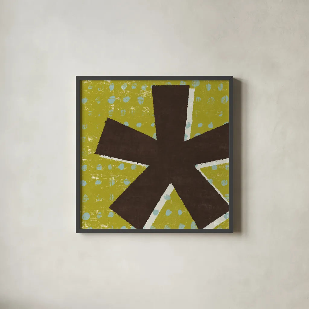 Punctuated Square VII Retro by Michael Mullan. Shown in a sleek black glass frame for a contemporary gallery look. Available as an archival giclee rolled canvas, fine art paper, or poster print. SKU 50662a.