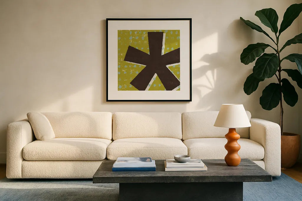 Punctuated Square VII Retro by Michael Mullan. Displayed in a glass frame with matte in a clean modern living room. Available as an archival giclee rolled canvas, fine art paper, or poster print. SKU 50662a.
