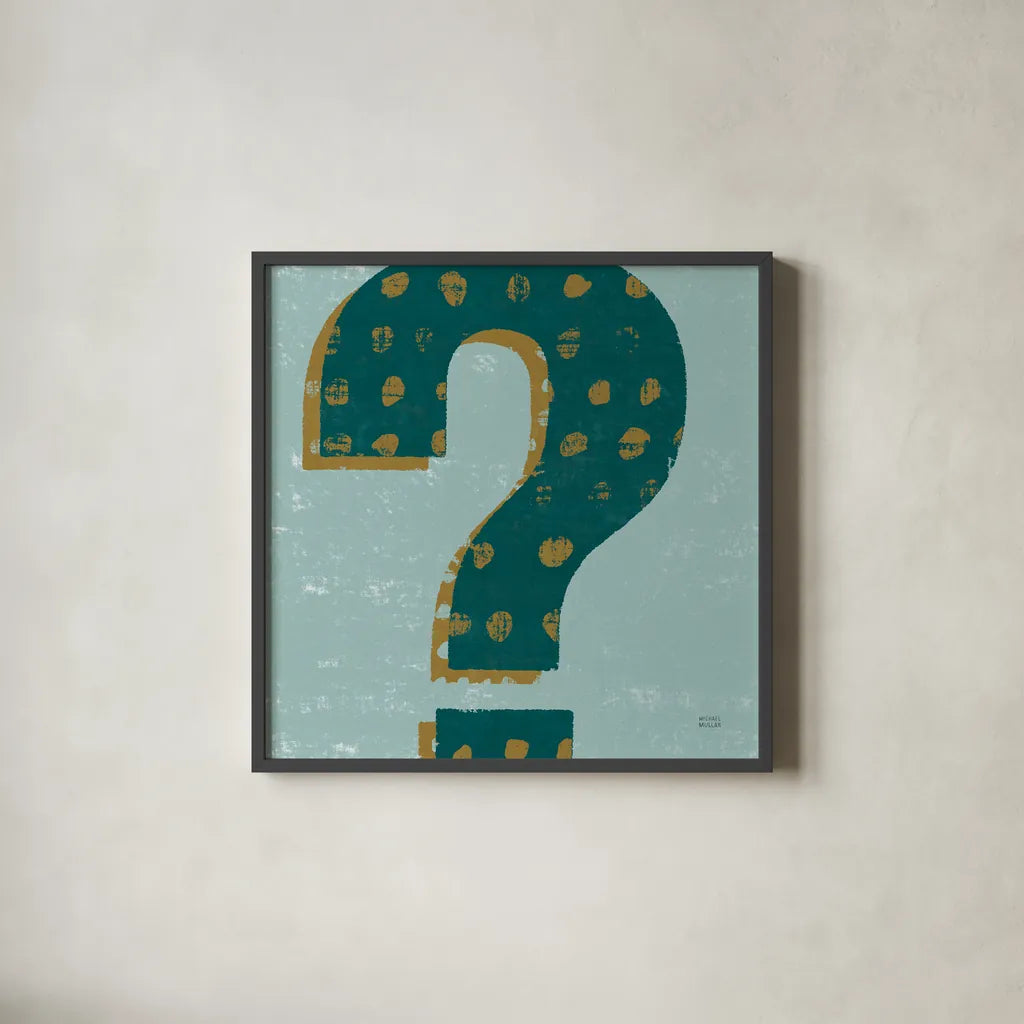 Punctuated Square VIII Retro by Michael Mullan. Shown in a sleek black glass frame for a contemporary gallery look. Available as an archival giclee rolled canvas, fine art paper, or poster print. SKU 50663a.