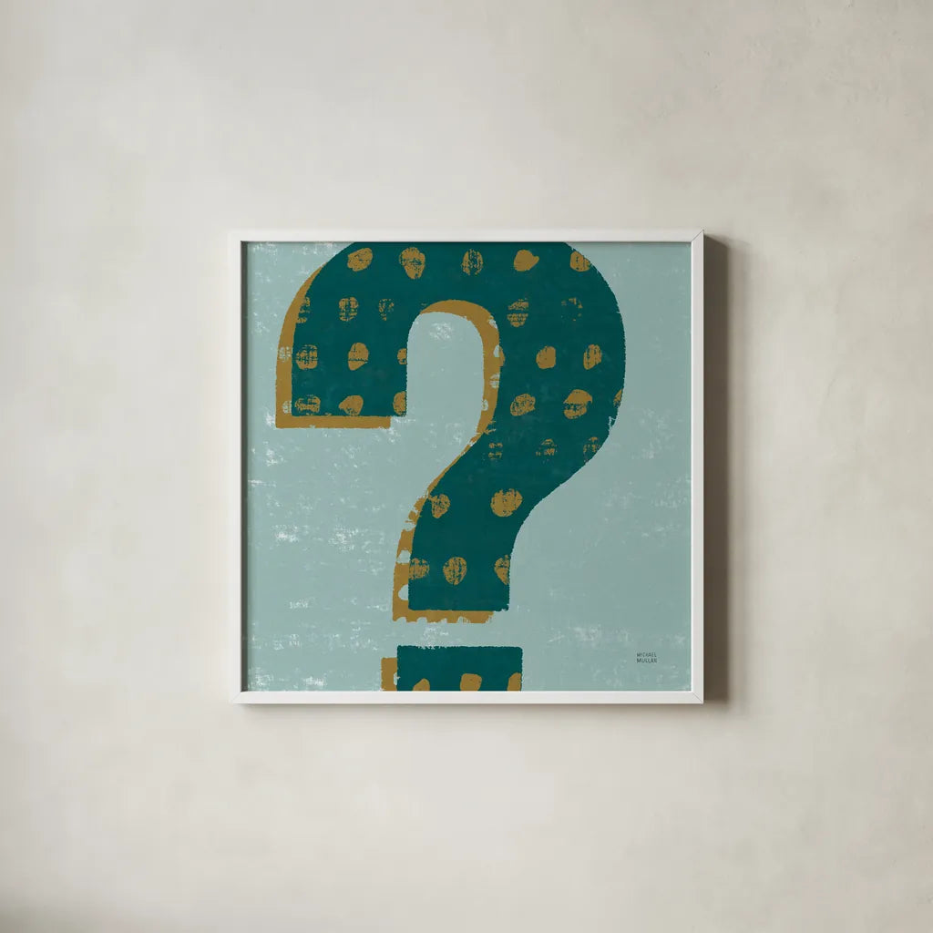 Punctuated Square VIII Retro by Michael Mullan. Shown in a crisp white glass frame for a clean and minimalist style. Available as an archival giclee rolled canvas, fine art paper, or poster print. SKU 50663a.