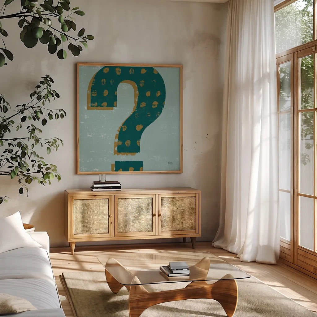 Punctuated Square VIII Retro by Michael Mullan. Shown in a natural wood frame in a cozy modern living room. Available as an archival giclee rolled canvas, fine art paper, or poster print. SKU 50663a.