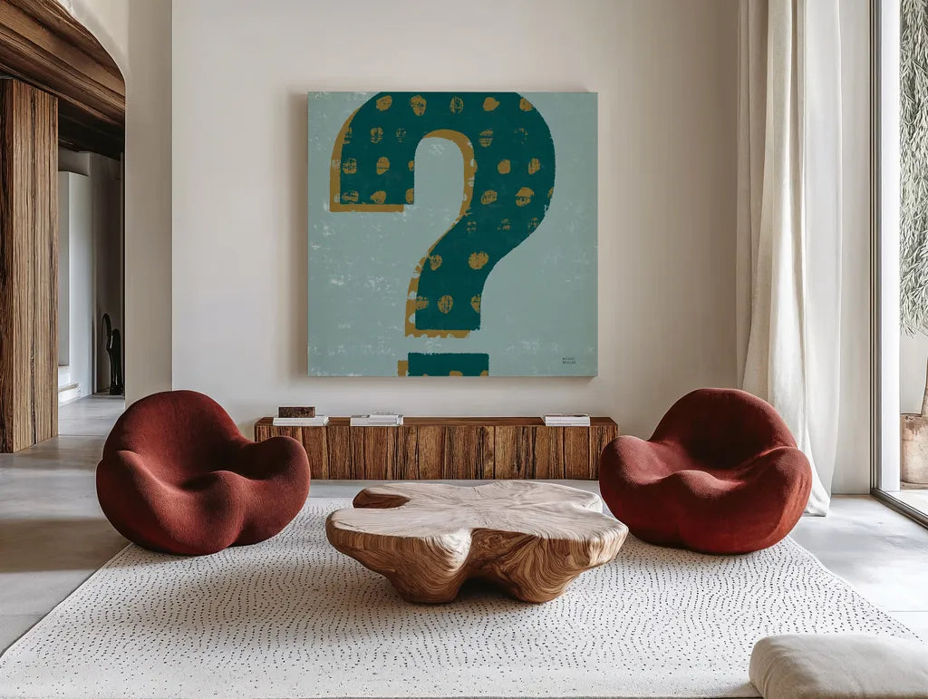 Punctuated Square VIII Retro by Michael Mullan. Shown as extra-large giant wall art in a modern living room. Available as an archival giclee rolled canvas, fine art paper, or poster print. SKU 50663a.