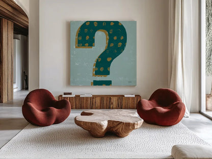 Punctuated Square VIII Retro by Michael Mullan. Shown as extra-large giant wall art in a modern living room. Available as an archival giclee rolled canvas, fine art paper, or poster print. SKU 50663a.