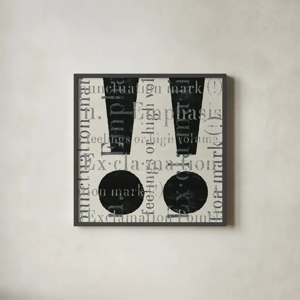 Punctuated Text I by Michael Mullan. Shown in a sleek black glass frame for a contemporary gallery look. Available as an archival giclee rolled canvas, fine art paper, or poster print. SKU 9046a.