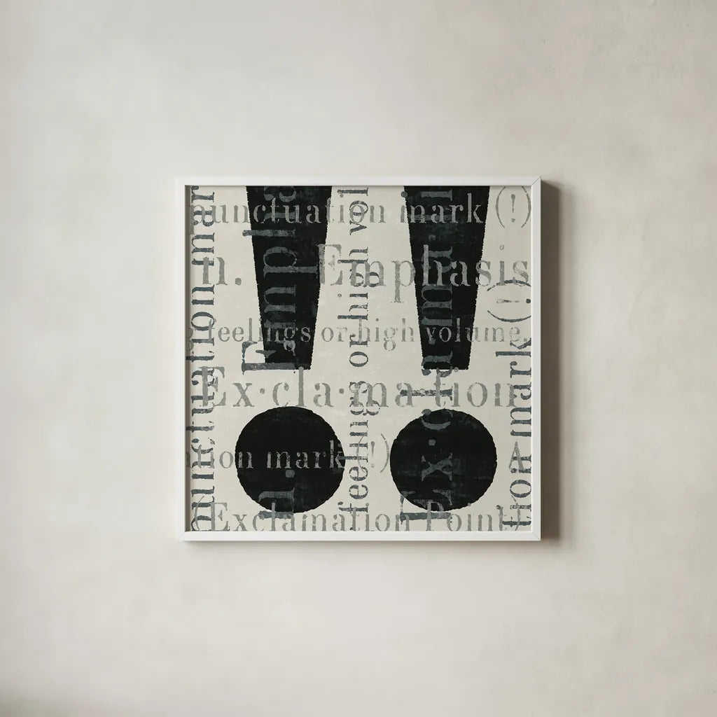 Punctuated Text I by Michael Mullan. Shown in a crisp white glass frame for a clean and minimalist style. Available as an archival giclee rolled canvas, fine art paper, or poster print. SKU 9046a.