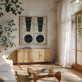 Punctuated Text I by Michael Mullan. Shown in a natural wood frame in a cozy modern living room. Available as an archival giclee rolled canvas, fine art paper, or poster print. SKU 9046a.