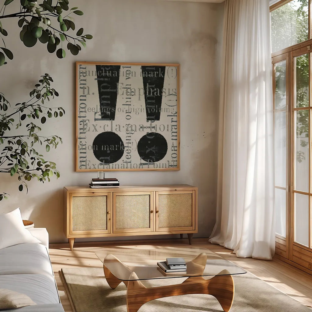 Punctuated Text I by Michael Mullan. Shown in a natural wood frame in a cozy modern living room. Available as an archival giclee rolled canvas, fine art paper, or poster print. SKU 9046a.