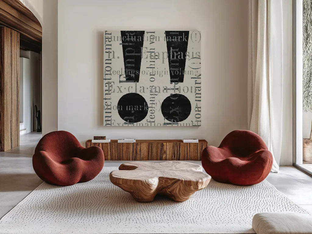 Punctuated Text I by Michael Mullan. Shown as extra-large giant wall art in a modern living room. Available as an archival giclee rolled canvas, fine art paper, or poster print. SKU 9046a.