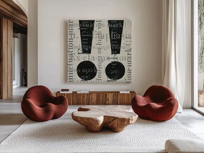 Punctuated Text I by Michael Mullan. Shown as extra-large giant wall art in a modern living room. Available as an archival giclee rolled canvas, fine art paper, or poster print. SKU 9046a.