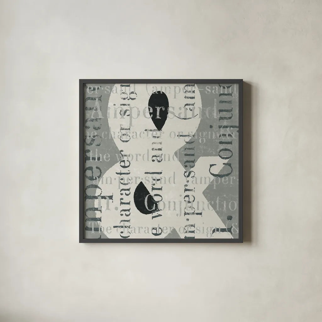 Punctuated Text II by Michael Mullan. Shown in a sleek black glass frame for a contemporary gallery look. Available as an archival giclee rolled canvas, fine art paper, or poster print. SKU 9047a.