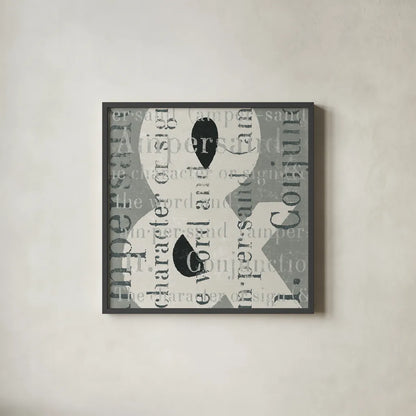 Punctuated Text II by Michael Mullan. Shown in a sleek black glass frame for a contemporary gallery look. Available as an archival giclee rolled canvas, fine art paper, or poster print. SKU 9047a.
