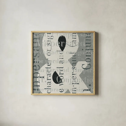 Punctuated Text II by Michael Mullan. Shown in a natural wood glass frame for a timeless modern aesthetic. Available as an archival giclee rolled canvas, fine art paper, or poster print. SKU 9047a.