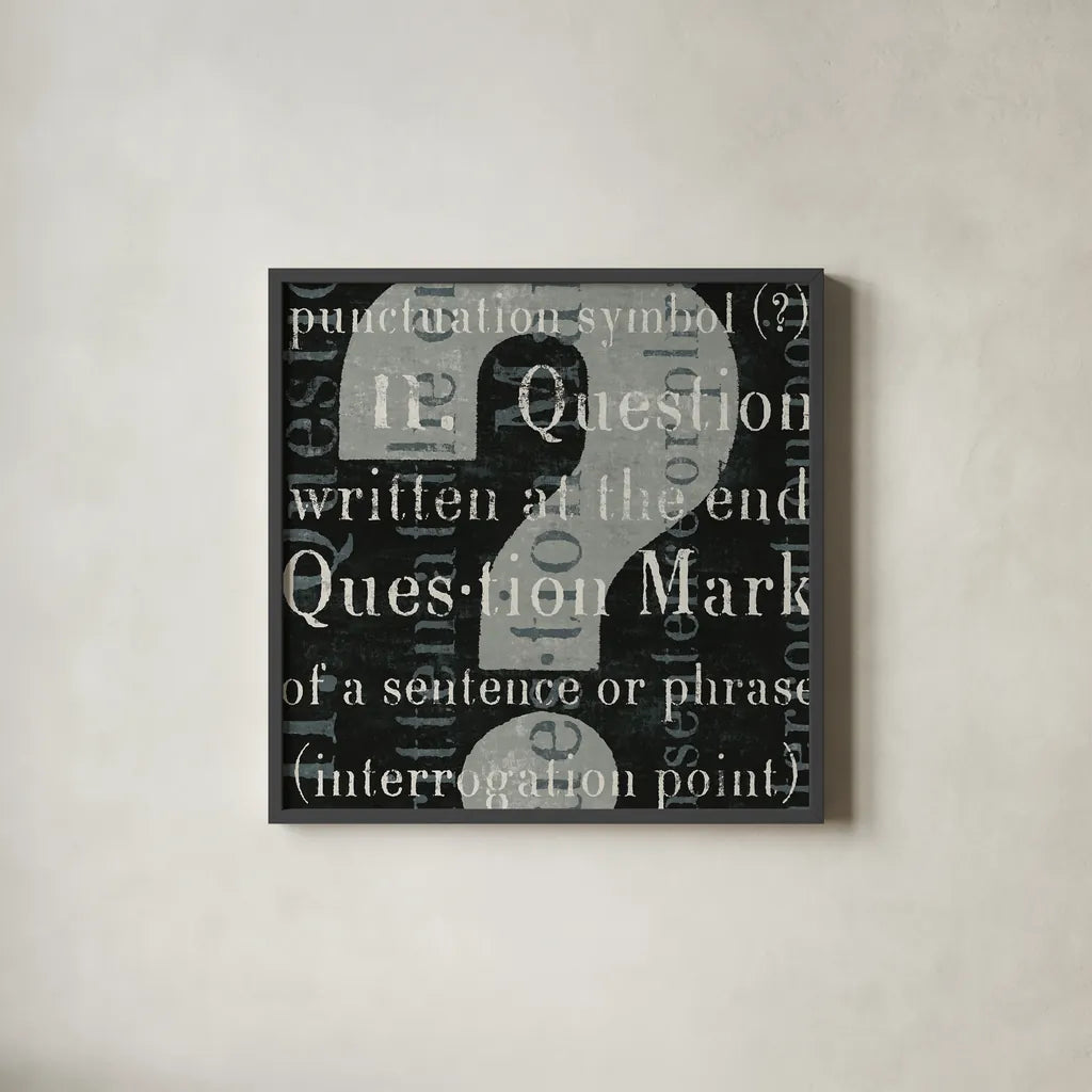 Punctuated Text IV by Michael Mullan. Shown in a sleek black glass frame for a contemporary gallery look. Available as an archival giclee rolled canvas, fine art paper, or poster print. SKU 9049a.
