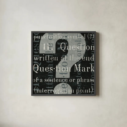 Punctuated Text IV by Michael Mullan. Shown in a sleek black glass frame for a contemporary gallery look. Available as an archival giclee rolled canvas, fine art paper, or poster print. SKU 9049a.