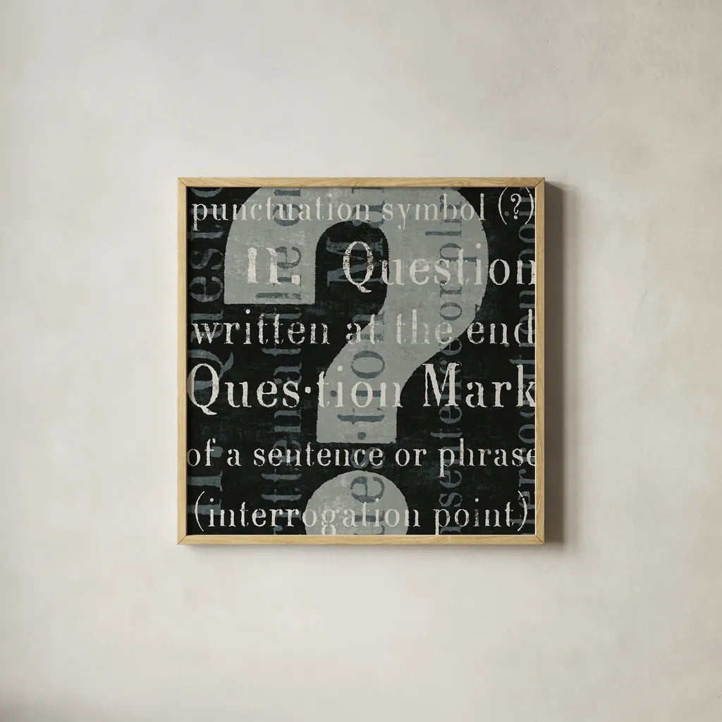 Punctuated Text IV by Michael Mullan. Shown in a natural wood glass frame for a timeless modern aesthetic. Available as an archival giclee rolled canvas, fine art paper, or poster print. SKU 9049a.