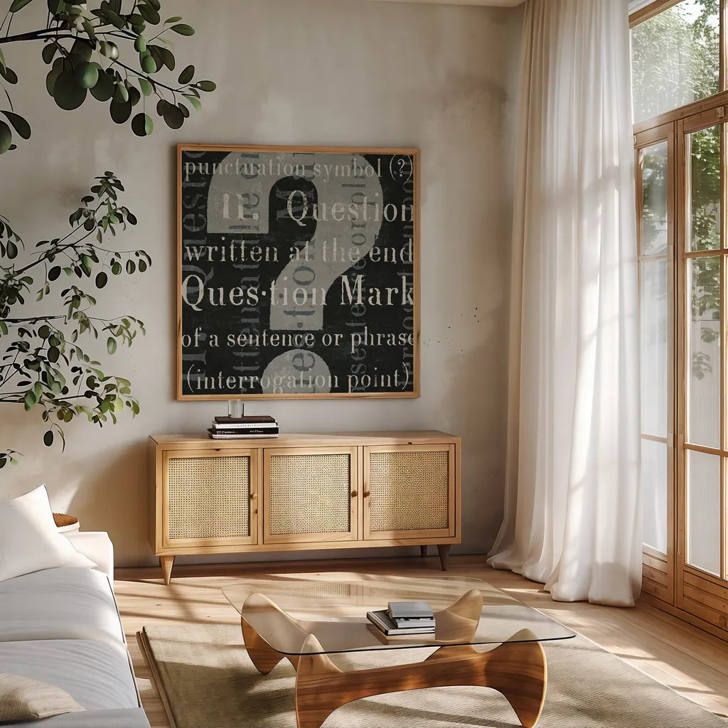 Punctuated Text IV by Michael Mullan. Shown in a natural wood frame in a cozy modern living room. Available as an archival giclee rolled canvas, fine art paper, or poster print. SKU 9049a.