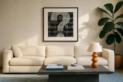 Punctuated Text IV by Michael Mullan. Displayed in a glass frame with matte in a clean modern living room. Available as an archival giclee rolled canvas, fine art paper, or poster print. SKU 9049a.