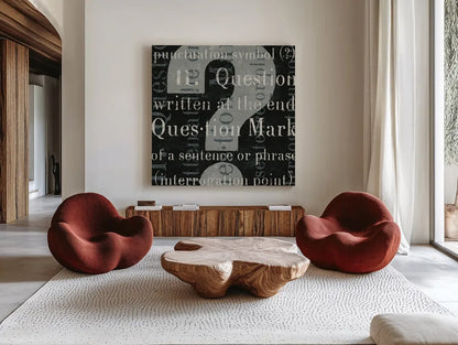 Punctuated Text IV by Michael Mullan. Shown as extra-large giant wall art in a modern living room. Available as an archival giclee rolled canvas, fine art paper, or poster print. SKU 9049a.