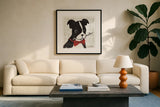Puppy Love I by Michael Mullan. Displayed in a glass frame with matte in a clean modern living room. Available as an archival giclee rolled canvas, fine art paper, or poster print. SKU 8340a.