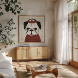 Puppy Love II by Michael Mullan. Shown in a natural wood frame in a cozy modern living room. Available as an archival giclee rolled canvas, fine art paper, or poster print. SKU 8342a.