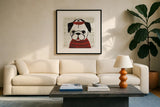 Puppy Love II by Michael Mullan. Displayed in a glass frame with matte in a clean modern living room. Available as an archival giclee rolled canvas, fine art paper, or poster print. SKU 8342a.