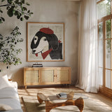 Puppy Love IV by Michael Mullan. Shown in a natural wood frame in a cozy modern living room. Available as an archival giclee rolled canvas, fine art paper, or poster print. SKU 8343a.