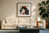 Puppy Love IV by Michael Mullan. Displayed in a glass frame with matte in a clean modern living room. Available as an archival giclee rolled canvas, fine art paper, or poster print. SKU 8343a.