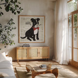 Puppy Love VI by Michael Mullan. Shown in a natural wood frame in a cozy modern living room. Available as an archival giclee rolled canvas, fine art paper, or poster print. SKU 104066a.