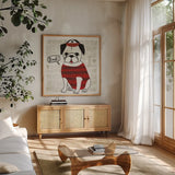 Puppy Love VII by Michael Mullan. Shown in a natural wood frame in a cozy modern living room. Available as an archival giclee rolled canvas, fine art paper, or poster print. SKU 104067a.