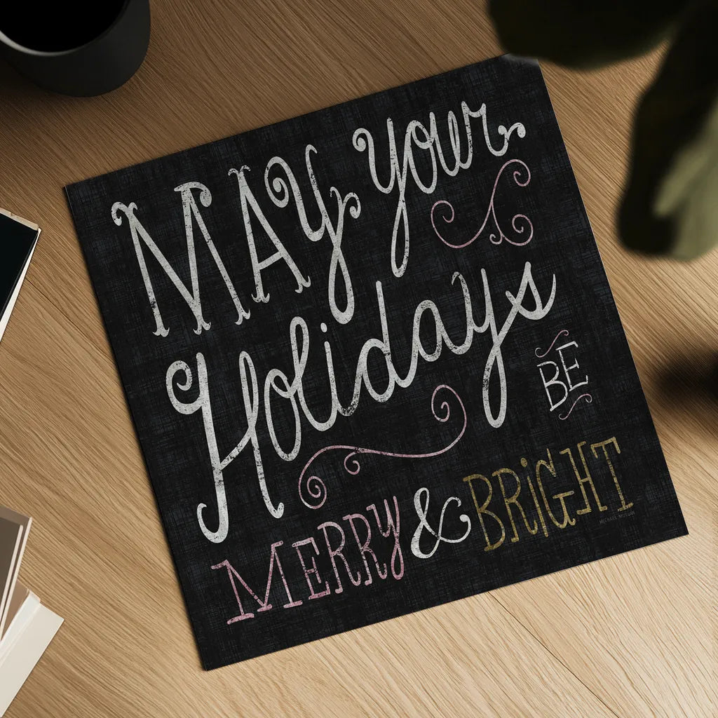 Quirky Christmas Merry and Bright Metallic by Michael Mullan. Shown as a detailed flat fine art print, highlighting archival giclee quality. Available as an archival giclee rolled canvas, fine art paper, or poster print. SKU 50313a.