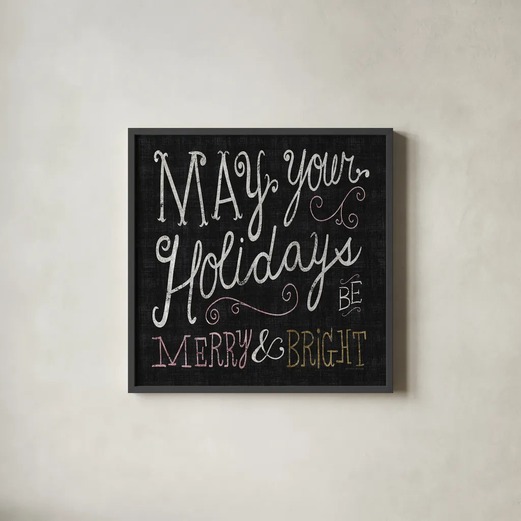 Quirky Christmas Merry and Bright Metallic by Michael Mullan. Shown in a sleek black glass frame for a contemporary gallery look. Available as an archival giclee rolled canvas, fine art paper, or poster print. SKU 50313a.