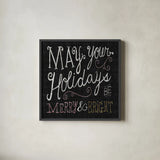 Quirky Christmas Merry and Bright Metallic by Michael Mullan. Shown in a sleek black glass frame for a contemporary gallery look. Available as an archival giclee rolled canvas, fine art paper, or poster print. SKU 50313a.