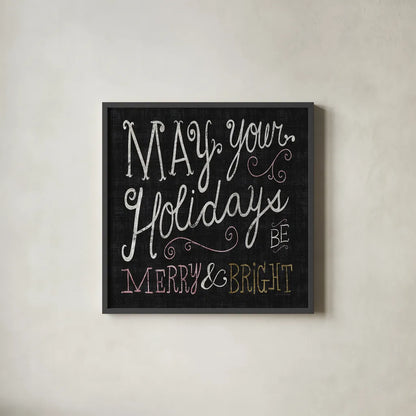 Quirky Christmas Merry and Bright Metallic by Michael Mullan. Shown in a sleek black glass frame for a contemporary gallery look. Available as an archival giclee rolled canvas, fine art paper, or poster print. SKU 50313a.